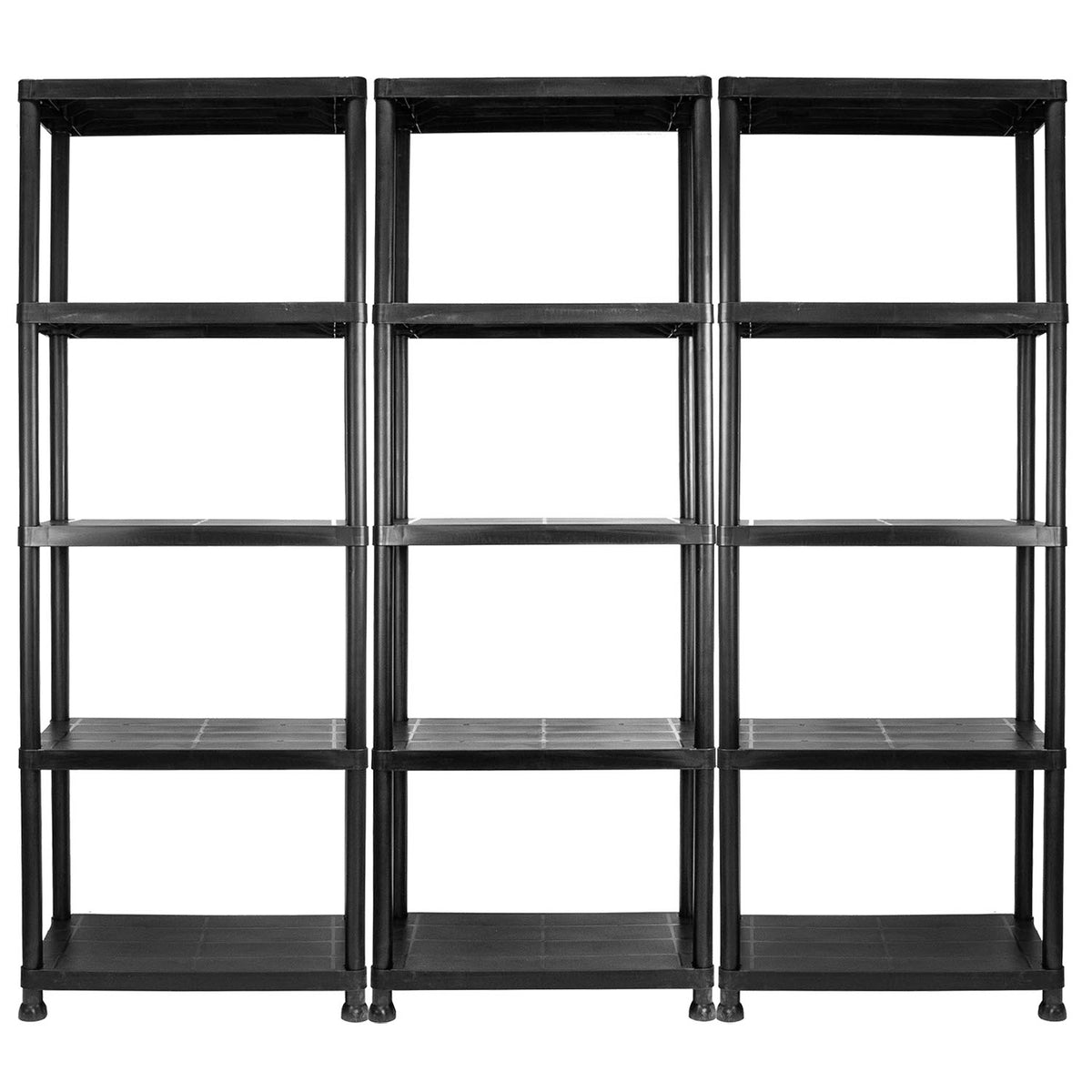 Three black plastic 5-tier storage shelves arranged side-by-side against a plain white background.