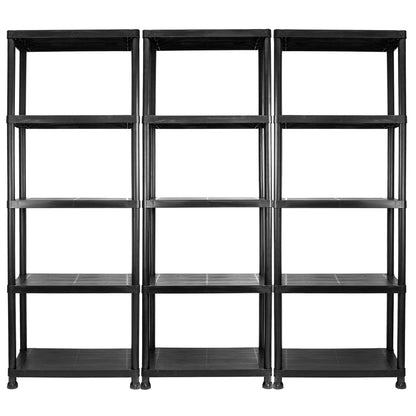 Three black plastic 5-tier storage shelves arranged side-by-side against a plain white background.