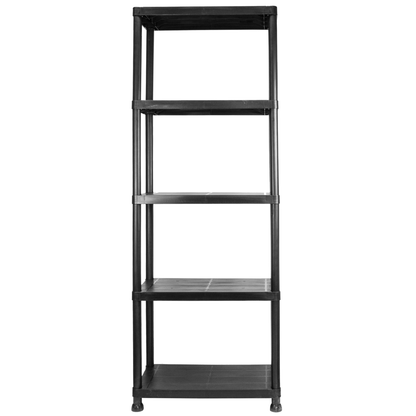 A black five-tier plastic shelving unit with a rectangular design and small feet at the bottom, shown against a plain white background.