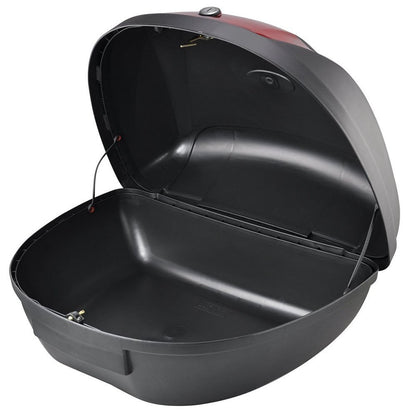 A black motorcycle or scooter hard trunk shown open, displaying its spacious interior and latch mechanism, on a solid white background.