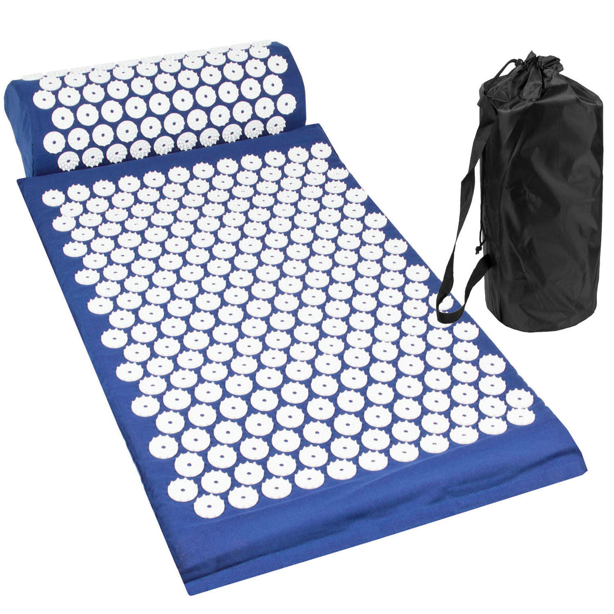 A blue acupressure mat with rows of white circular massage nodes, shown with a matching rolled blue cover and a black drawstring storage bag on a white background.