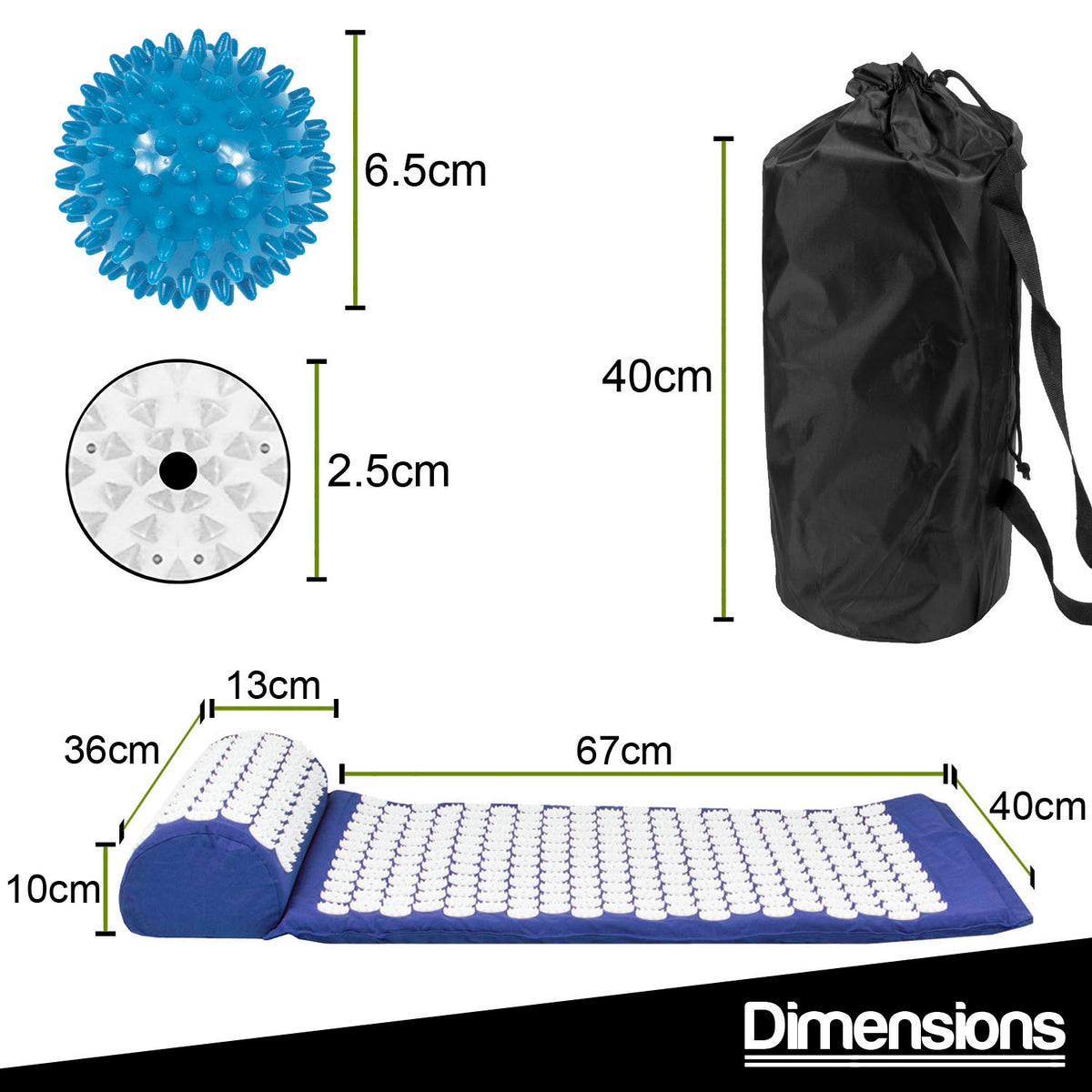 Blue acupressure massage pad with included blue spiky ball and circular foot roller, shown with dimension callouts and a black drawstring storage bag on a white background.