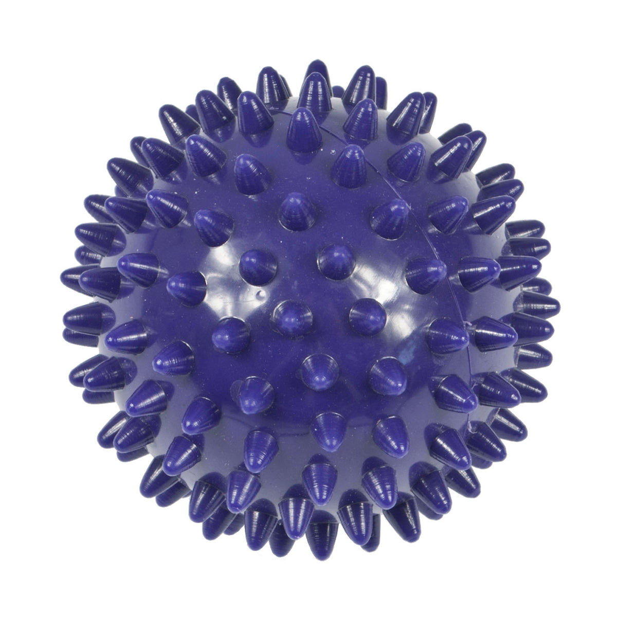 A dark purple spiky massage ball, photographed from a top-down perspective on a solid white background.