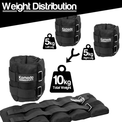 Black Komodo Sports weight distribution diagram shown with graphic callouts for left leg 5kg, right leg 5kg, and total weight 10kg, plus a separate black weight belt strap laid out at the bottom on a white background.