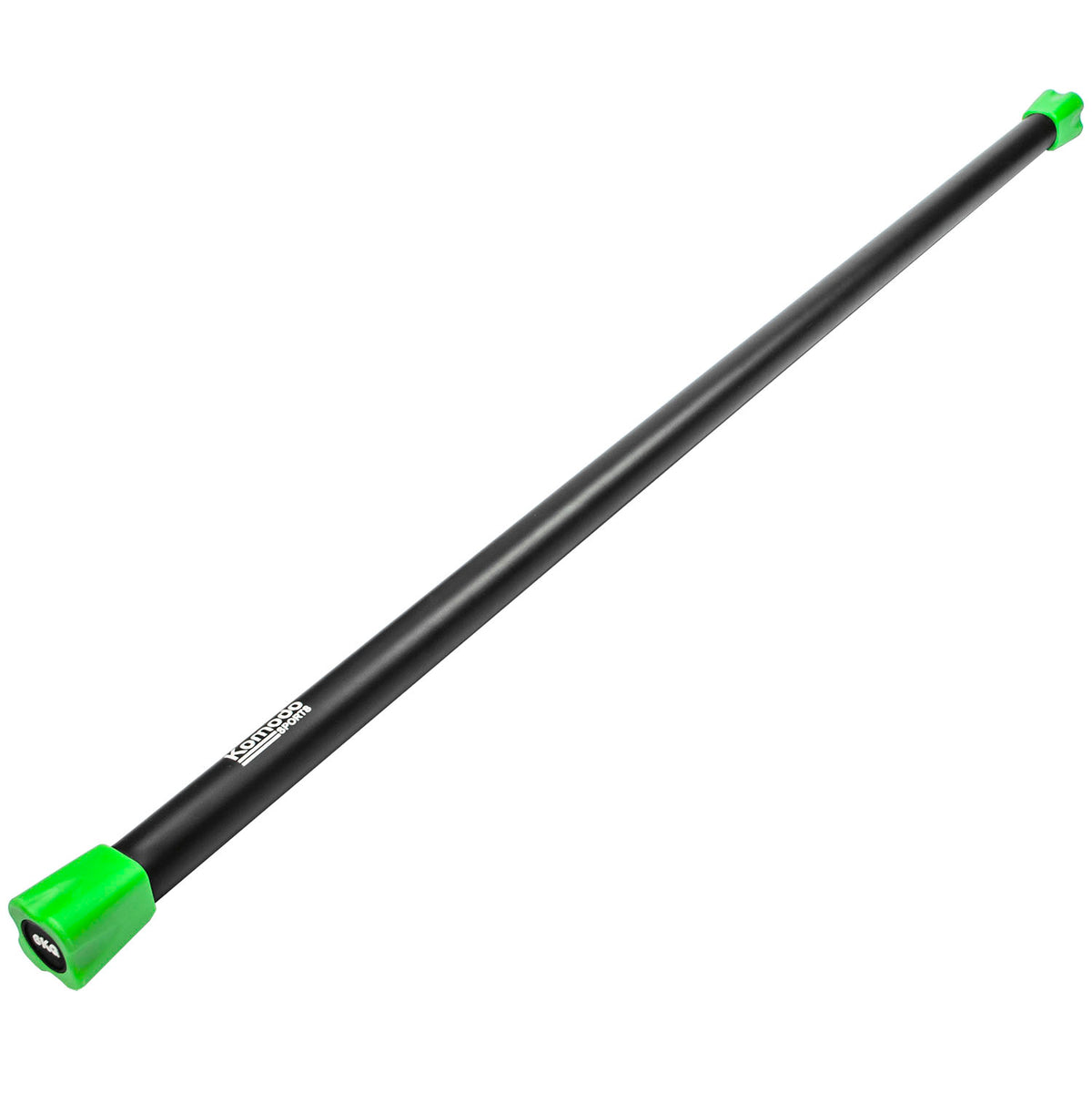 A black 6kg weight bar with bright green plastic end caps, featuring a white printed brand label that reads 'Komodo'.