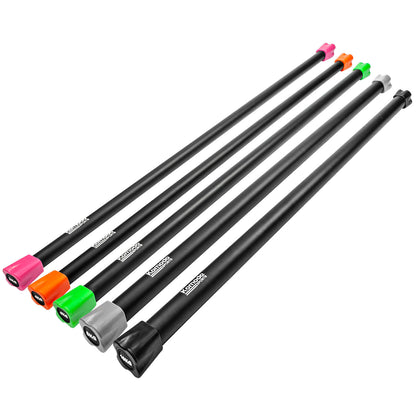 Five black exercise bars with different colored end caps shown on a white background,  each has there weight showing on one end. Shown on a plain white background/