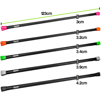 Five black exercise bars with different colored end caps shown on a white background, each labeled with its length and cross-section measurements. The brand name 'Kunoozoo' is visible on the bars.