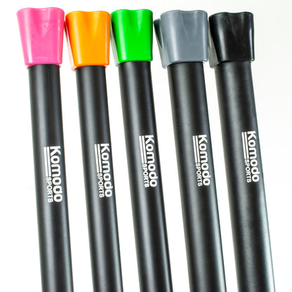 Five Komodo Sports weighted bars with black bars and colorful caps in pink, orange, green, gray, and black, arranged vertically on a white background.