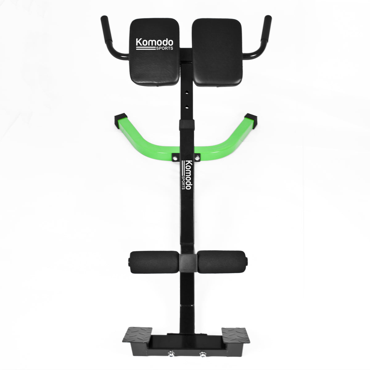 Komodo Sports back extension bench with a black metal frame, bright green curved handles, and black padded seat, backrest, and footrest on a white background.