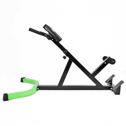 Adjustable gym bench with a black metal frame and bright green padded footrests, shown on a plain white background.