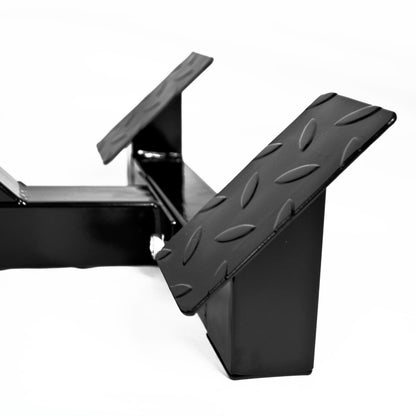 Black metal front foot plates with a diamond plate tread, shown on a white background.