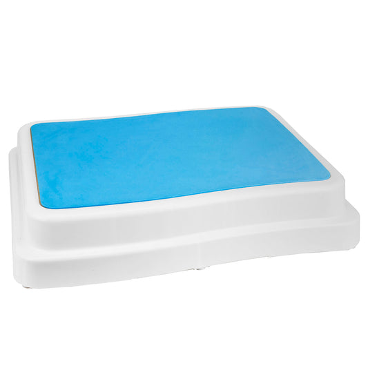 A white plastic bath step with a bright blue non-slip mat on top, shown from a three-quarters angle on a white background.