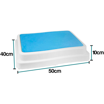 A rectangular white bath step stool or platform with a blue top surface, shown with dimension labels indicating 50 cm length, 40 cm height, and 10 cm depth on a white background.
