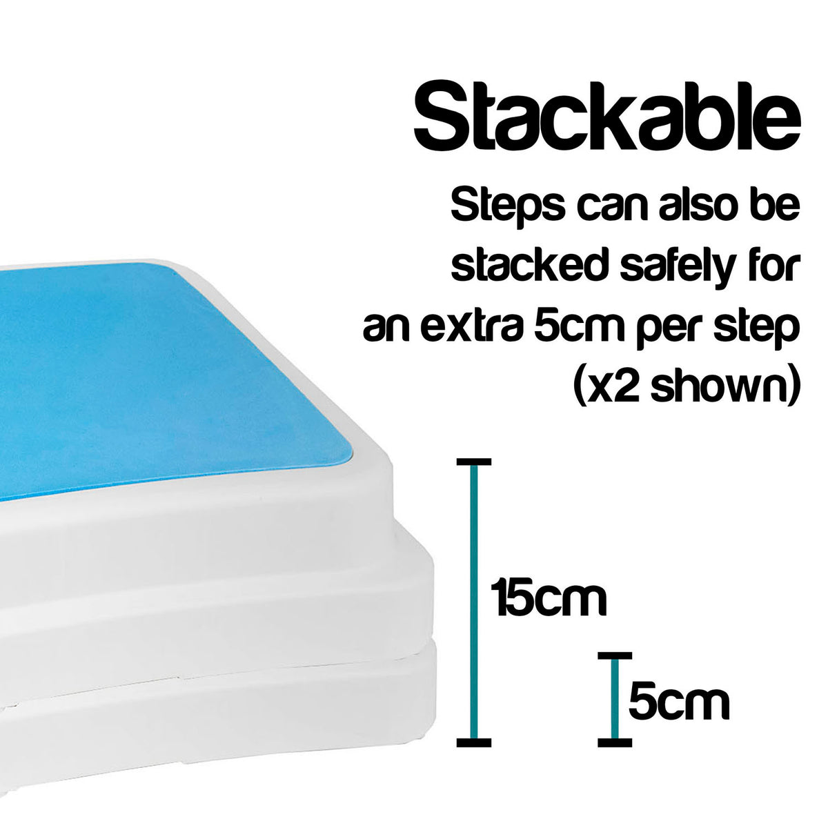 A white bath step with a bright blue top surface shown on a white background, with text stating 'Stackable' and dimension callouts indicating 15 cm height and 5 cm stackable step height.