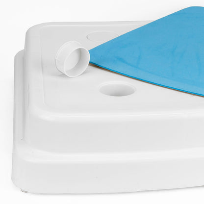 Close-up of a white plastic bath step edge with a circular opening and a blue non-slip mat partially visible on top, photographed against a white background.