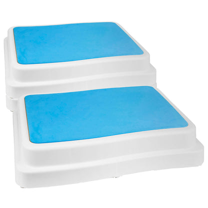 Two white plastic bath step stools with bright blue non-slip mats, shown on a clean white background.