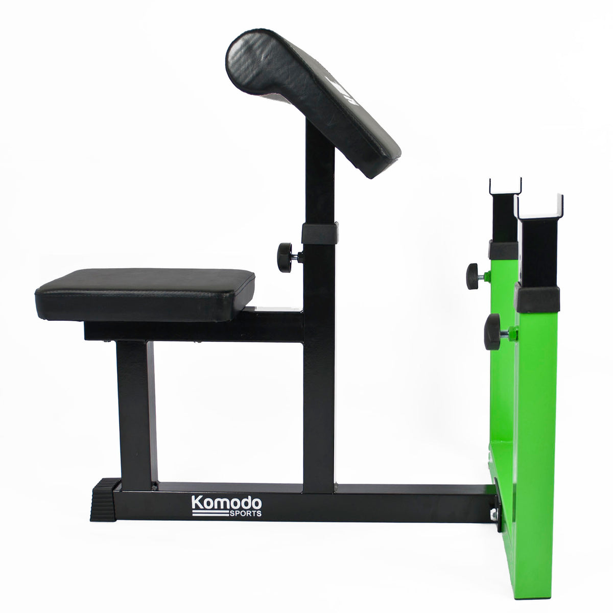 A Komodo Fitness home gym bench featuring a black adjustable bench with a bright green vertical support frame, shown on a white background.