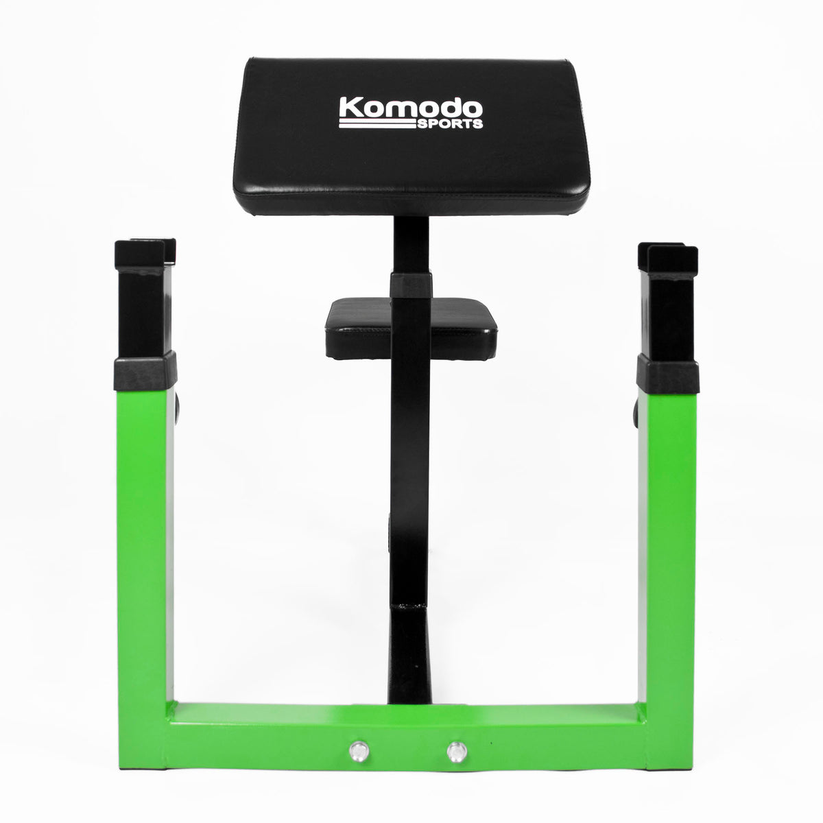 Komodo Sports preacher bench featuring a black padded seat and a black central support, set within a bright green metal frame on a white background.