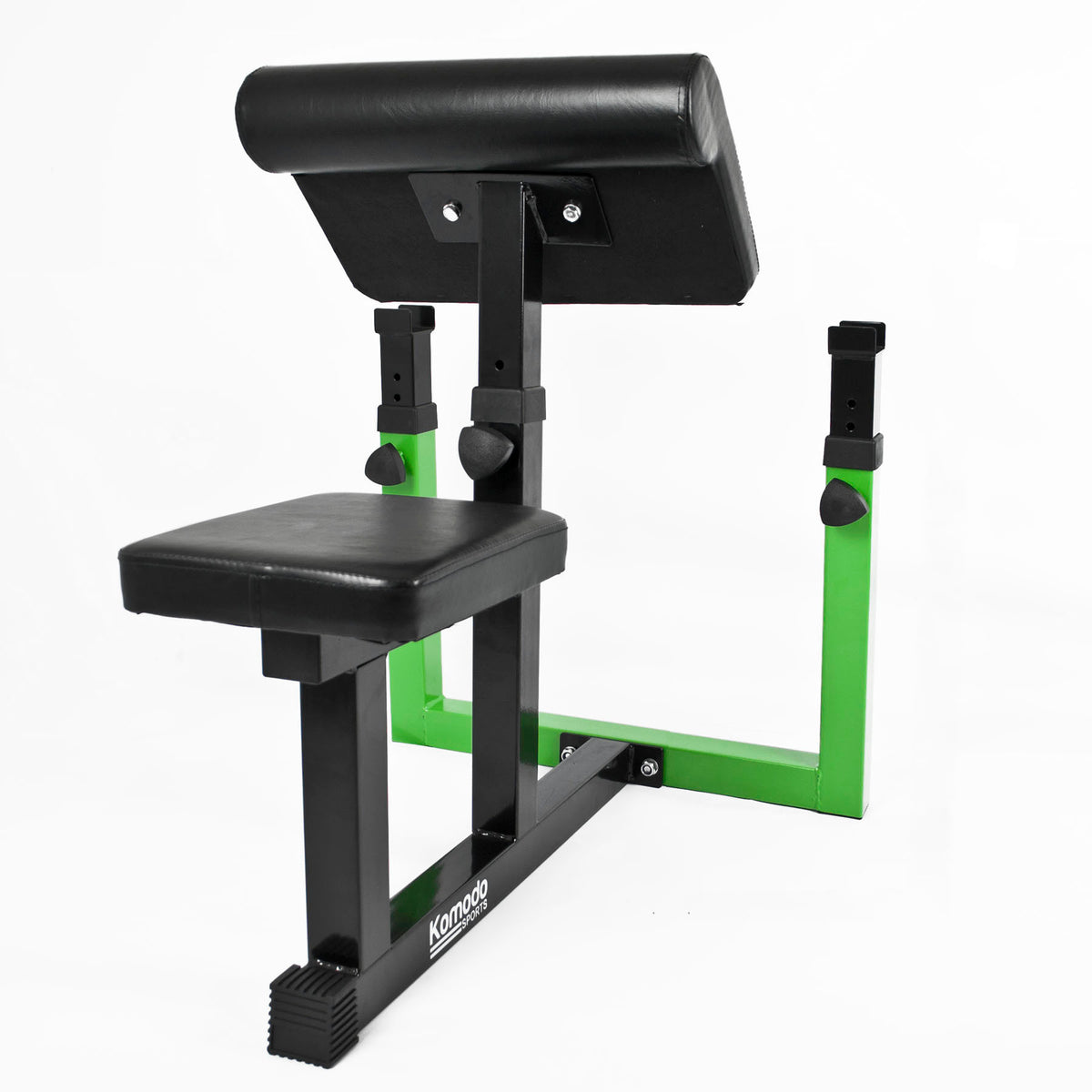 Black and green weight bench on a white background