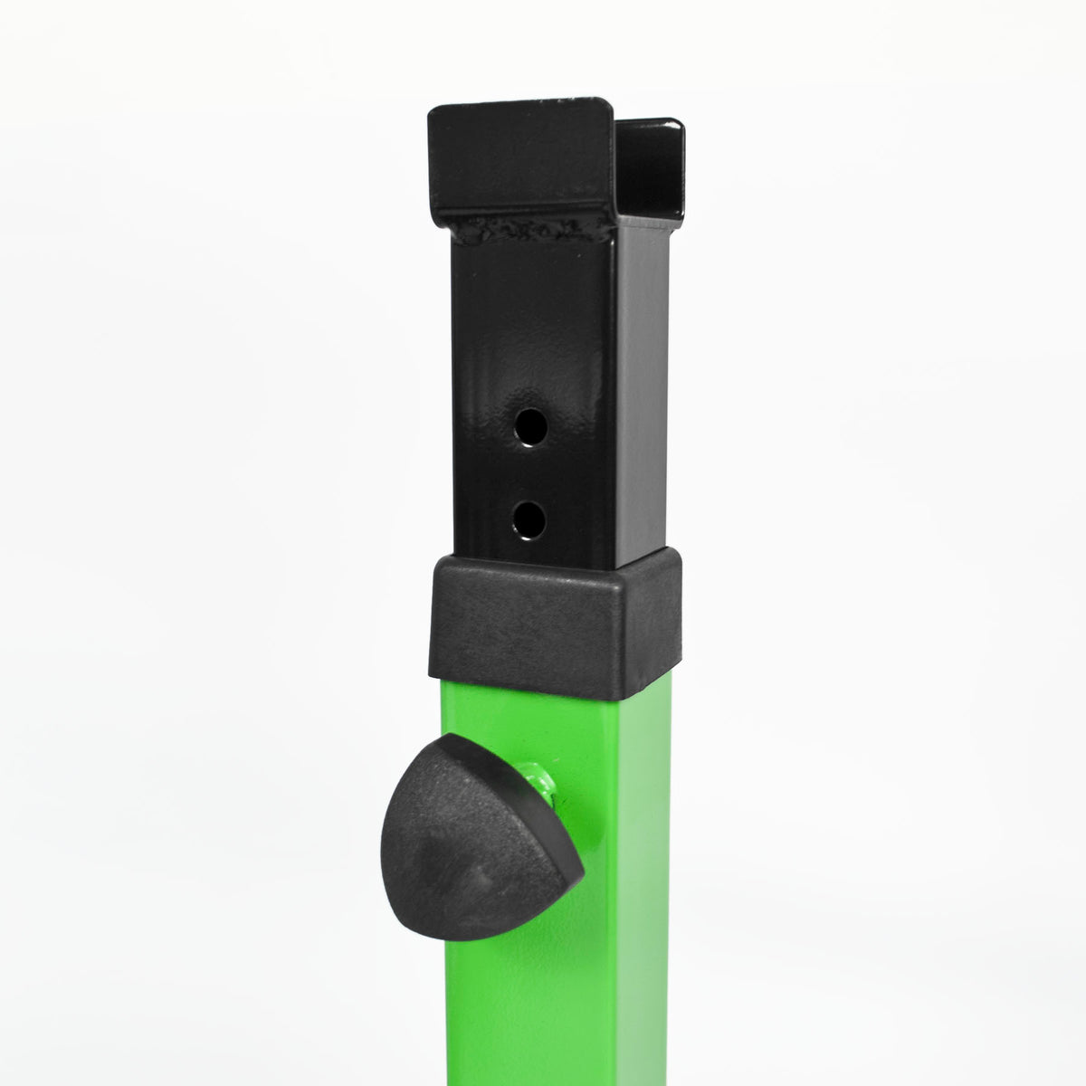 Close-up of the top section of a bright green and black metal stand or frame component, featuring a black adjustment knob and mounting bracket, on a white background.