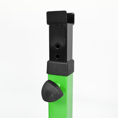 Close-up of the top section of a bright green and black metal stand or frame component, featuring a black adjustment knob and mounting bracket, on a white background.