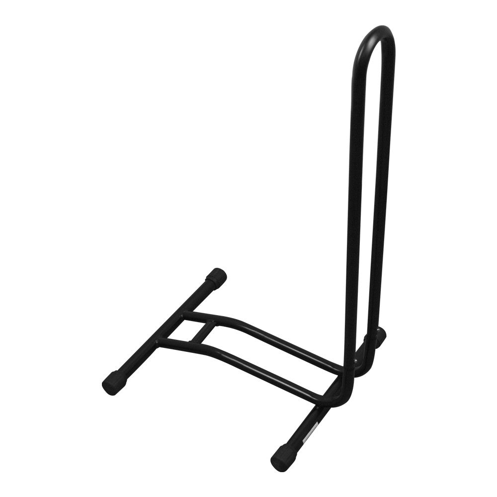 A black metal bike stand with a curved upright handlebar and a stable base, shown on a plain white background.