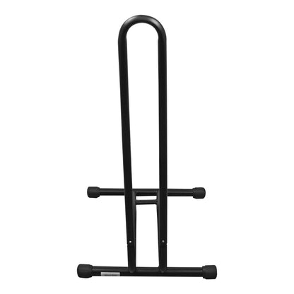 A black metal bike rack stand with a tall upright handlebar, a horizontal support bar, and a base with adjustable feet, shown on a plain white background.