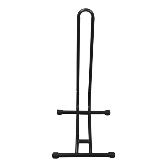 A black metal bike stand with a tall upright frame, a horizontal support bar, and a base with rubber feet, shown on a plain white background.