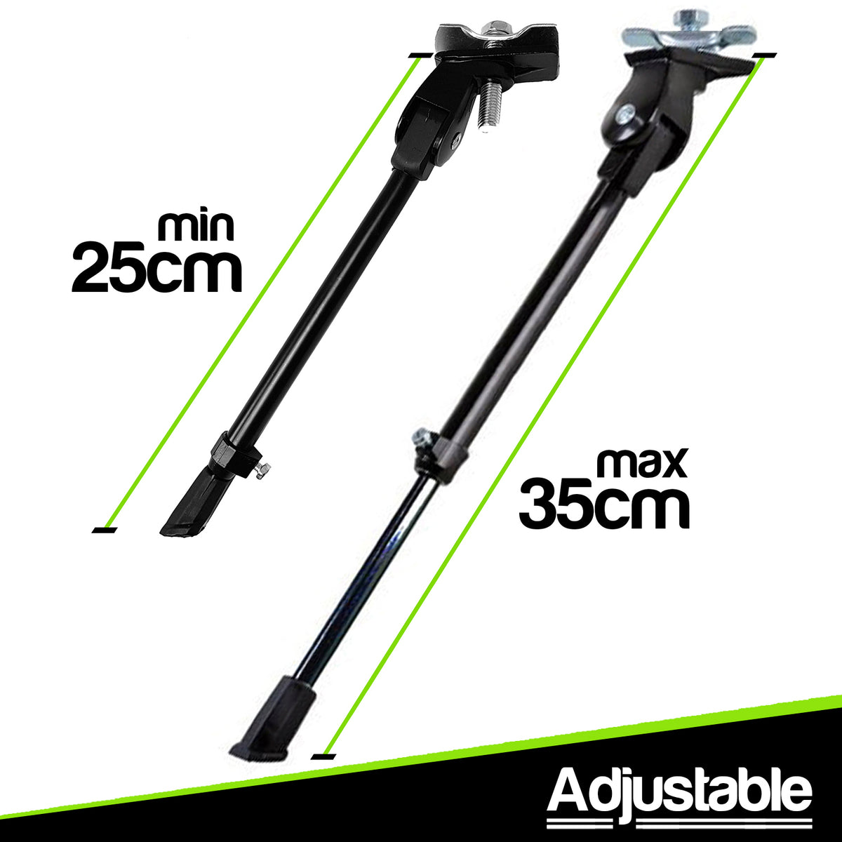 Black adjustable metal kickstand with dimension markings showing min 25cm and max 35cm, on a white background with 'Adjustable' text at the bottom.