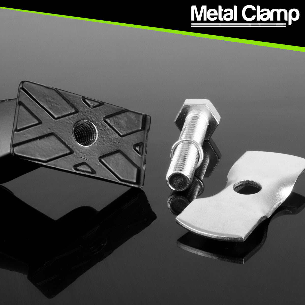 A metal clamp tool set with a black textured rectangular plate, a silver hex bolt, and a silver curved clamp piece on a glossy black reflective surface. A green diagonal stripe and the text 'Metal Clamp' appear in the top right corner.