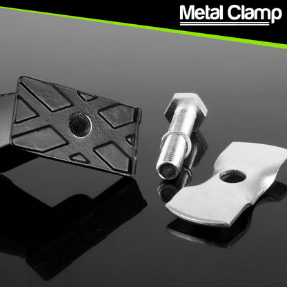 A metal clamp tool set with a black textured rectangular plate, a silver hex bolt, and a silver curved clamp piece on a glossy black reflective surface. A green diagonal stripe and the text 'Metal Clamp' appear in the top right corner.