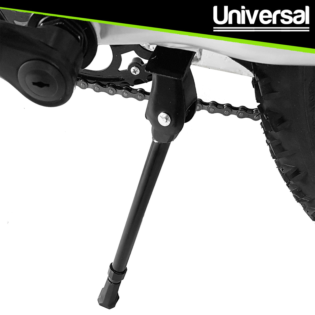 A close-up of a black bicycle kickstand, mounted near the rear wheel on a white background, with a black banner at the top featuring the word 'Universal'.