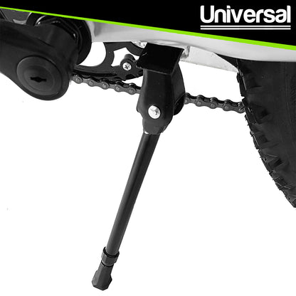 A close-up of a black bicycle kickstand, mounted near the rear wheel on a white background, with a black banner at the top featuring the word 'Universal'.
