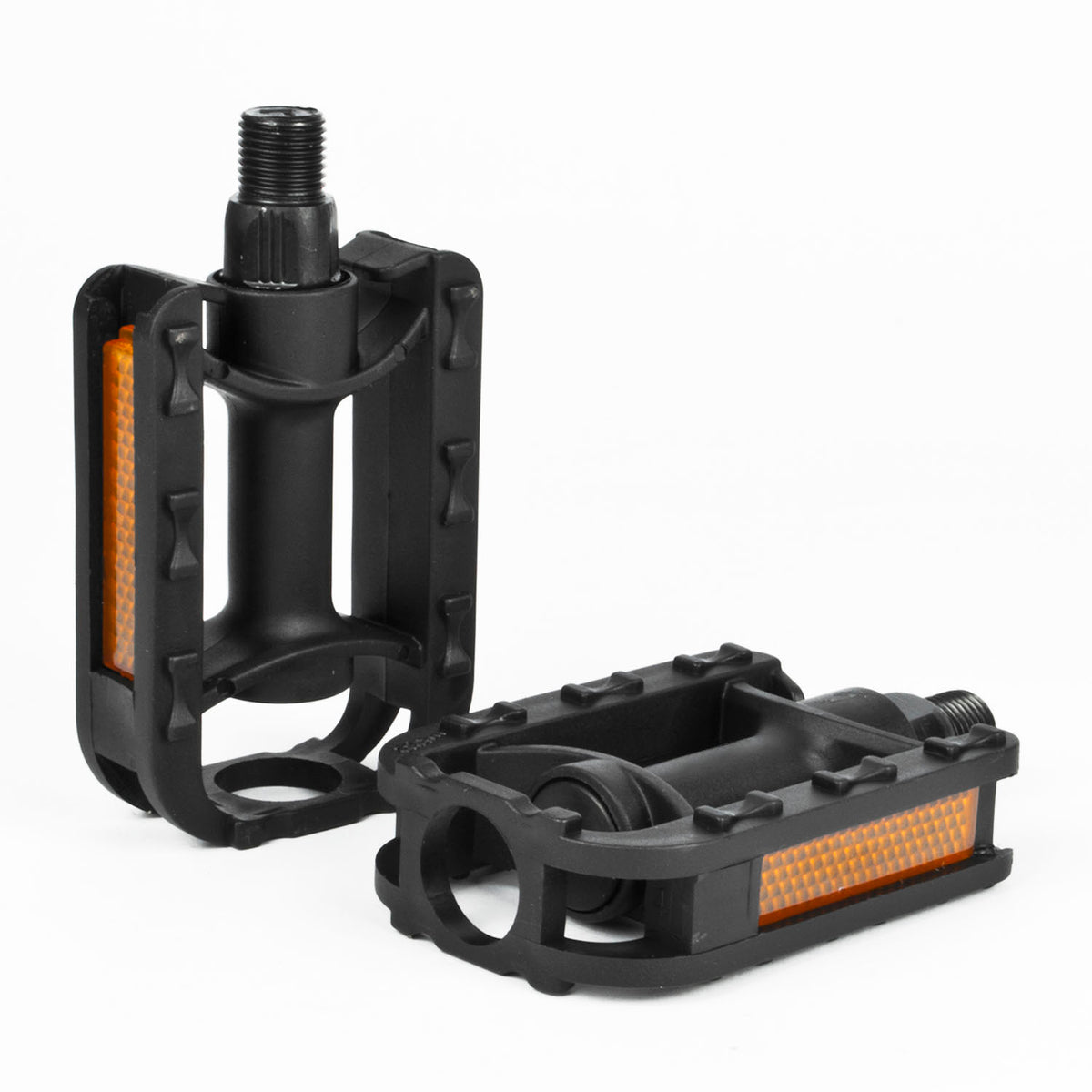 A pair of black bicycle platform pedals with orange reflective strips, shown on a clean white background.