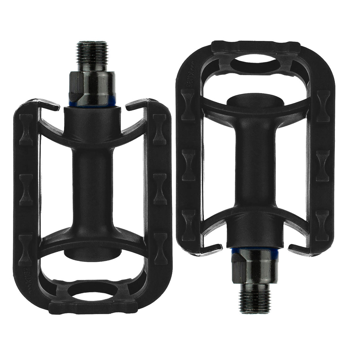 A pair of black bicycle clip-on pedals shown from front and back views on a plain white background.