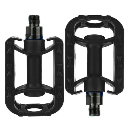 A pair of black bicycle clip-on pedals shown from front and back views on a plain white background.