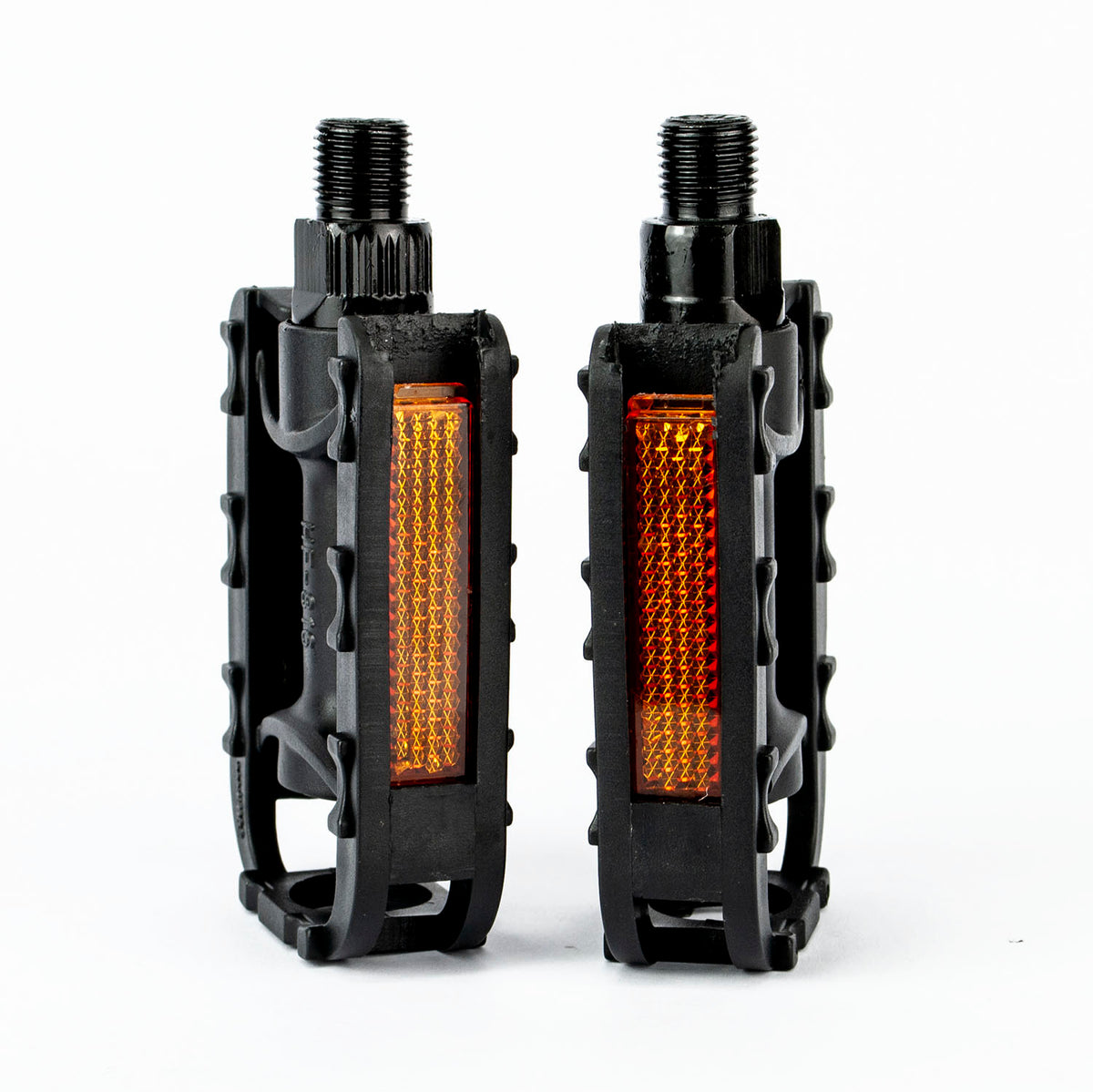 Two black bicycle pedals with orange reflective strips, shown side by side on a white background.