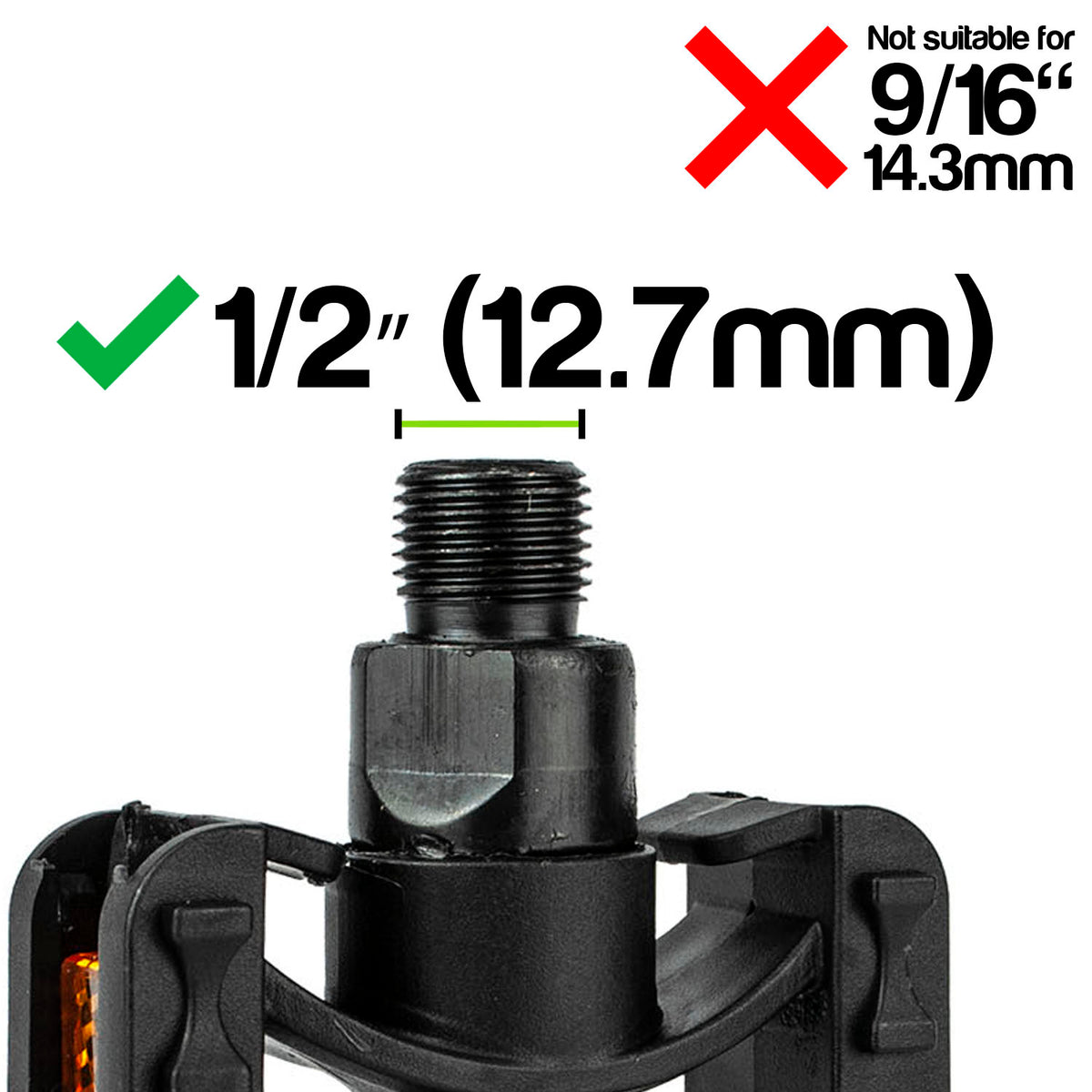 A close-up of a black threaded bicycle valve component on a white background, with text indicating it is suitable for 1/2 inch (12.7mm) and not suitable for 9/16 inch (14.