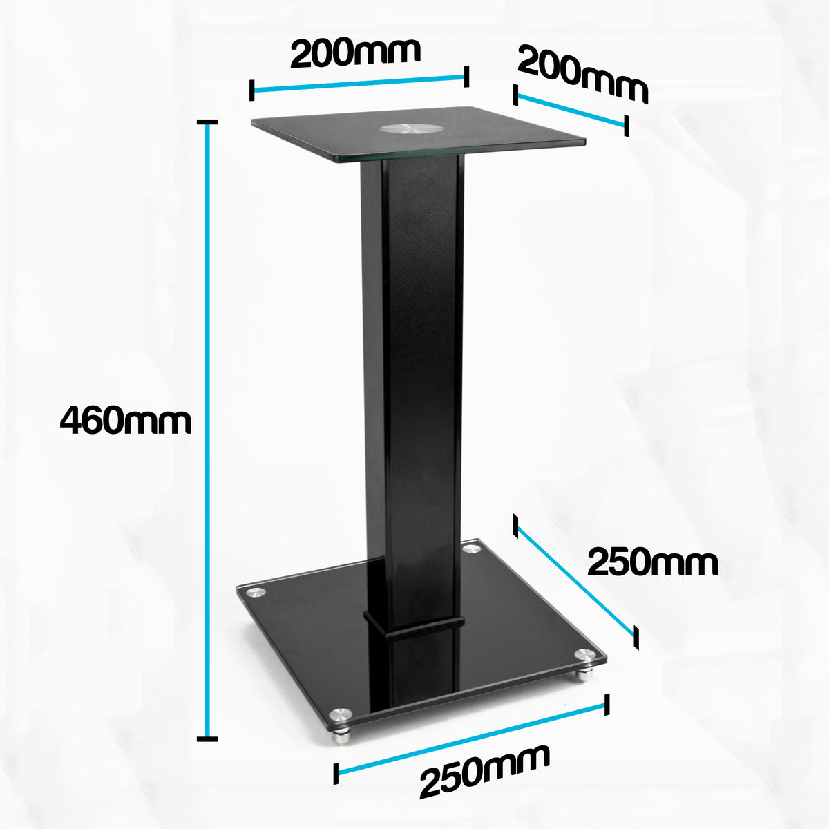 Black metal speaker stand with dimension annotations showing 460mm height, 200mm top width, and 250mm base dimensions on a white background.