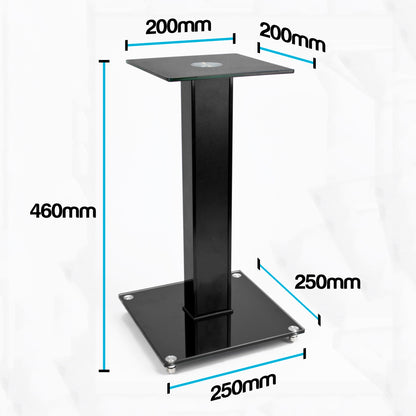 Black metal speaker stand with dimension annotations showing 460mm height, 200mm top width, and 250mm base dimensions on a white background.