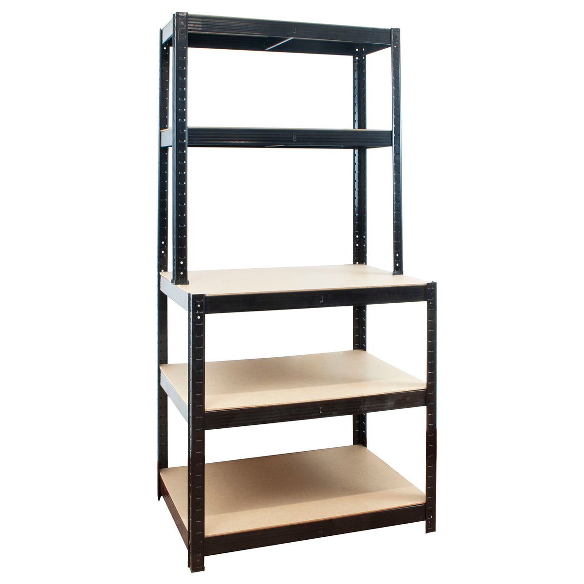 A five-tier industrial shelving unit with a black metal frame and light beige wood-look shelves, shown against a plain white background.