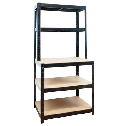 A five-tier industrial shelving unit with a black metal frame and light beige wood-look shelves, shown against a plain white background.