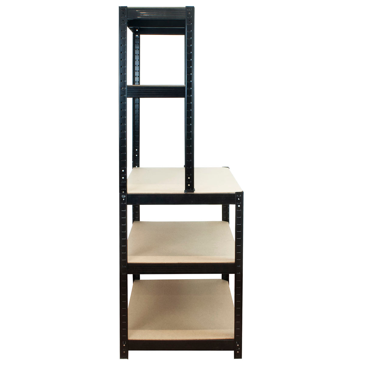 A 5-tier black metal industrial shelving unit with adjustable boltless side rails and light beige wood-look shelves, shown against a plain white background.
