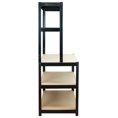 A 5-tier black metal industrial shelving unit with adjustable boltless side rails and light beige wood-look shelves, shown against a plain white background.