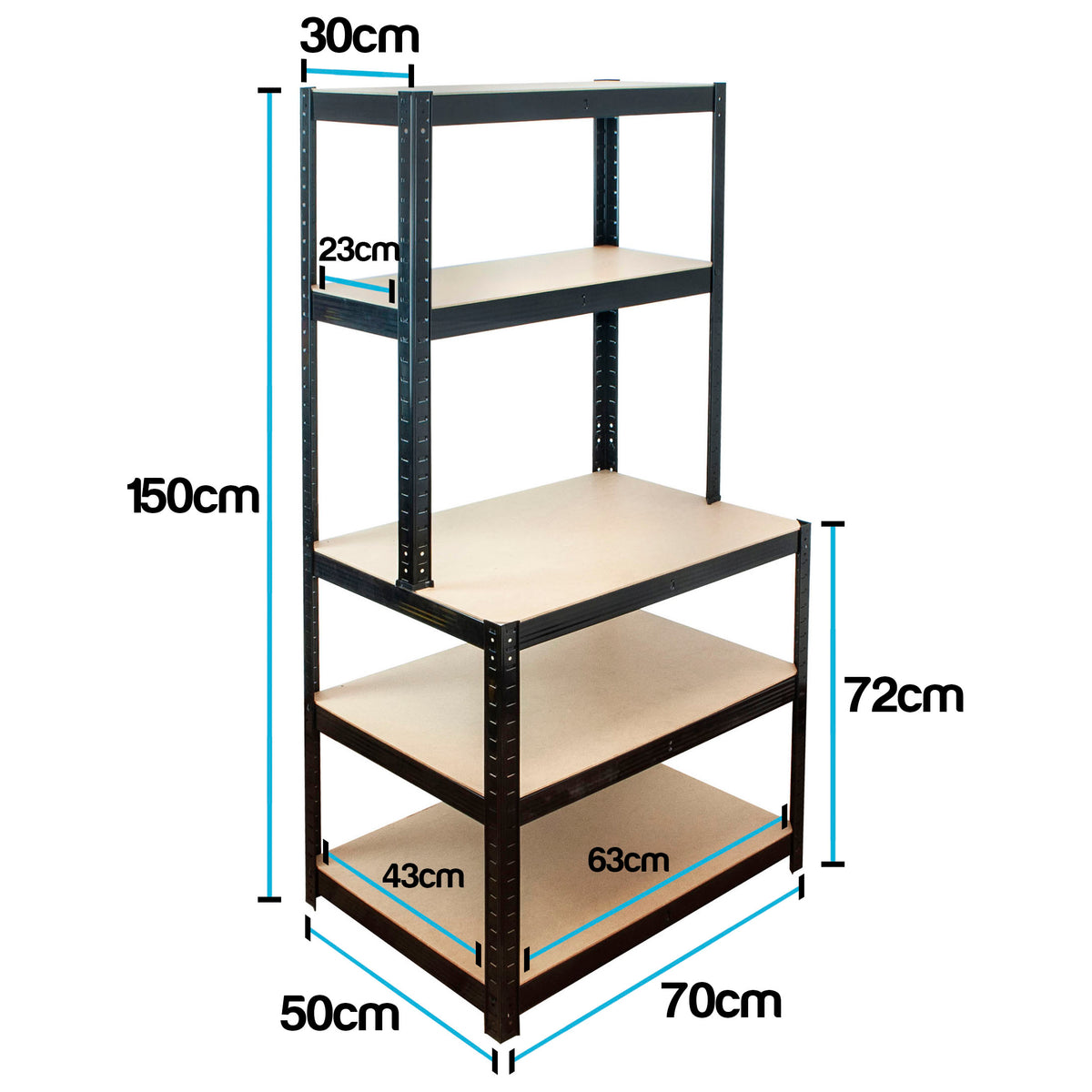 A five-tier metal storage rack with beige shelves and black frame, shown with dimension labels including 150cm height, 72cm shelf height, 70cm width, 50cm depth, 63cm shelf width, 43cm shelf depth, 30cm top width, and 23cm shelf height.