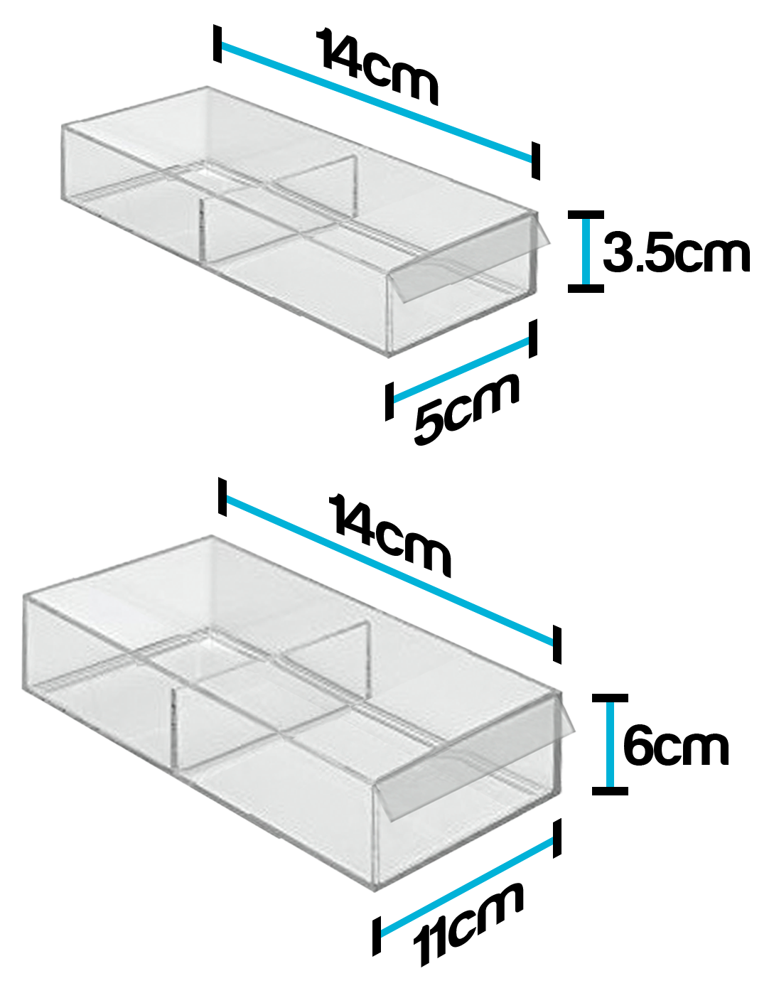 Two transparent plastic organizer trays shown with dimension labels: one 14 cm by 5 cm by 3.5 cm and one 14 cm by 11 cm by 6 cm, on a white background.