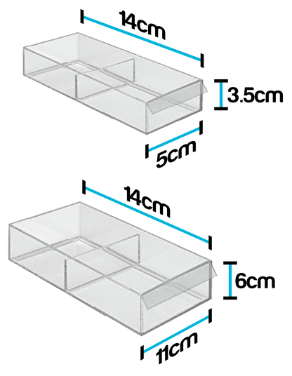Two transparent plastic organizer trays shown with dimension labels: one 14 cm by 5 cm by 3.5 cm and one 14 cm by 11 cm by 6 cm, on a white background.