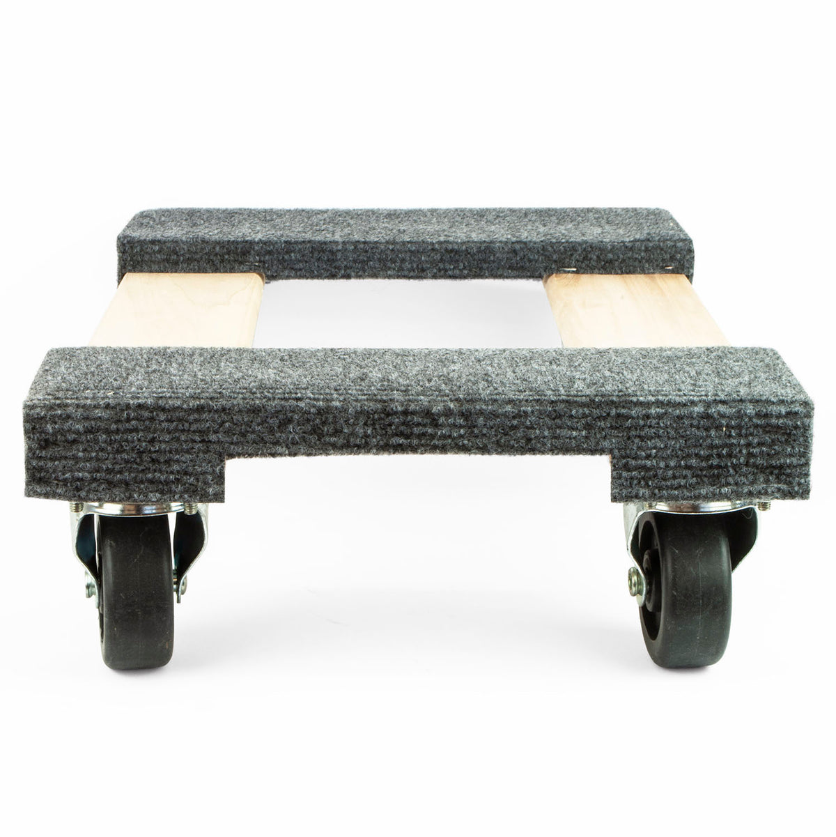 A carpeted moving dolly with dark gray textured felt pads and light wood slats, fitted with black caster wheels, shown against a plain white background.