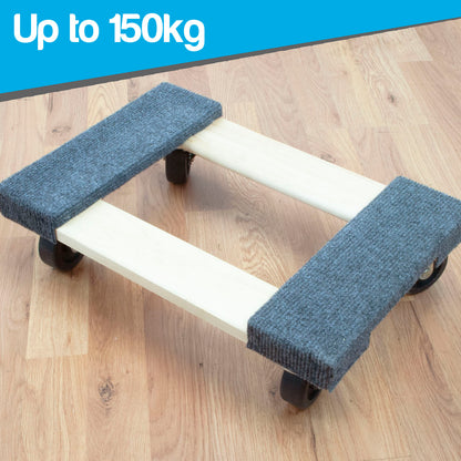 A wheeled dolly with a light wood frame and dark gray textured protective pads on the ends, shown on a light wood floor. A blue banner at the top reads 'Up to 150kg'.