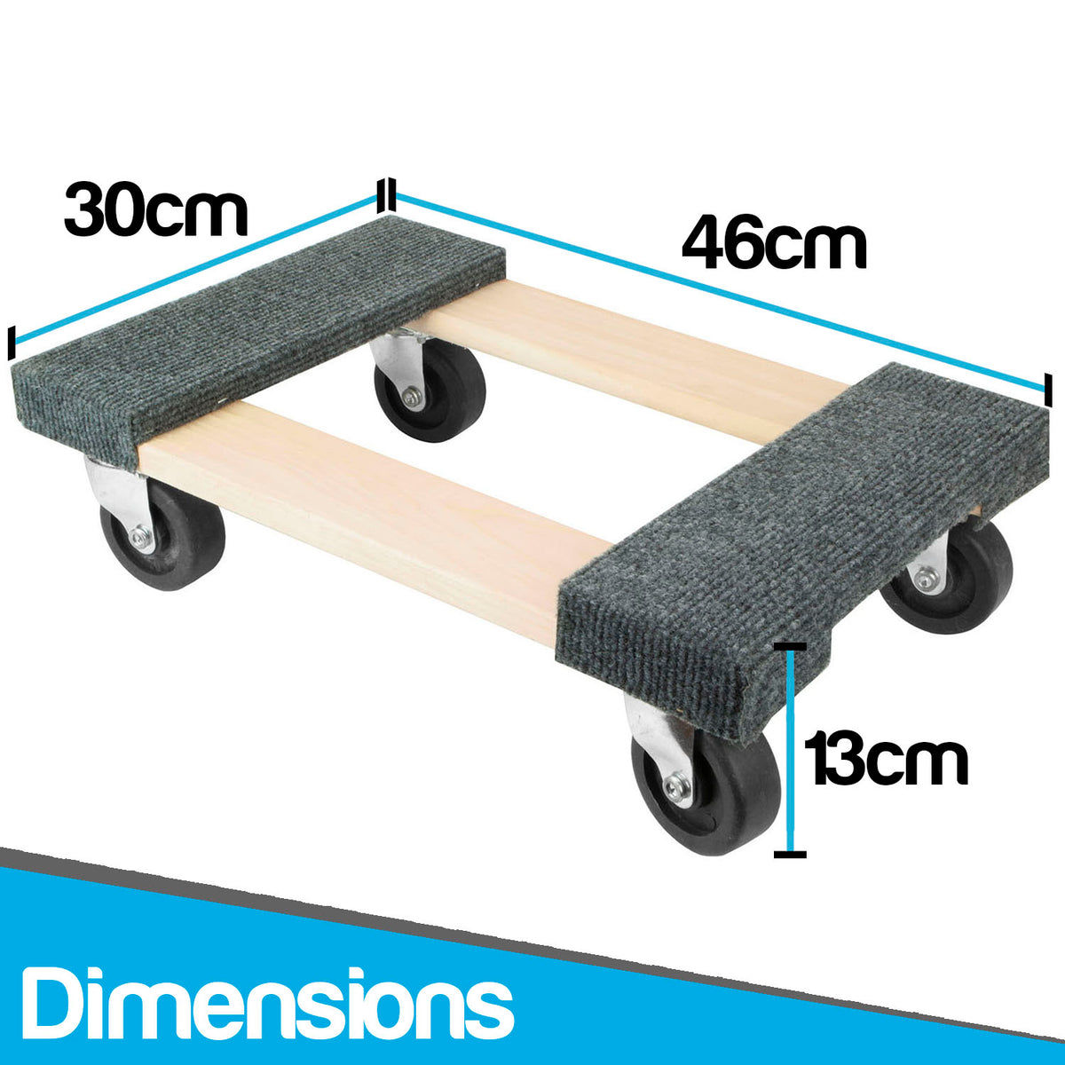 A wheeled dolly with a light wood frame and dark gray carpeted pads, shown with blue dimension lines and text labels indicating 30cm, 46cm, and 13cm height on a white background.